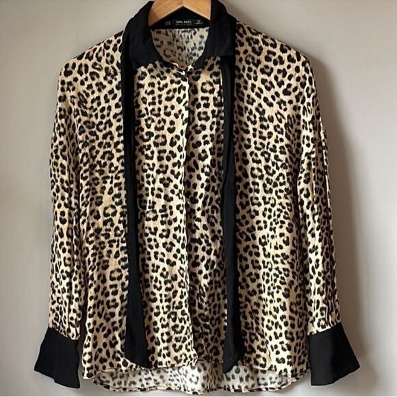 Zara Animal Print Button Lapel Bow Blouse - Picture 4 of 8